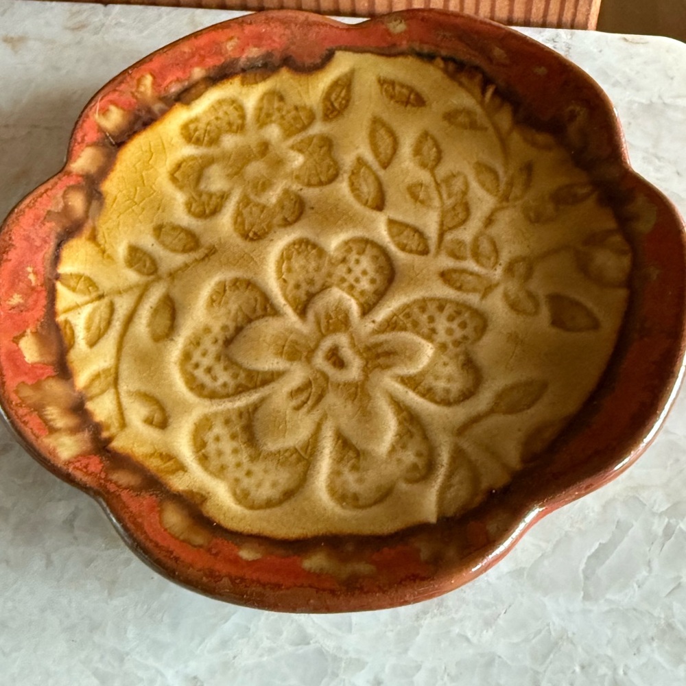 Pair of Fliral Rustic Candle Holder plates in Yellow and Brown.